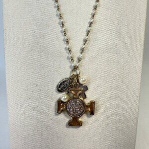 Religious Cross Charm Necklace Faux Pearls Mixed Metals Long Length